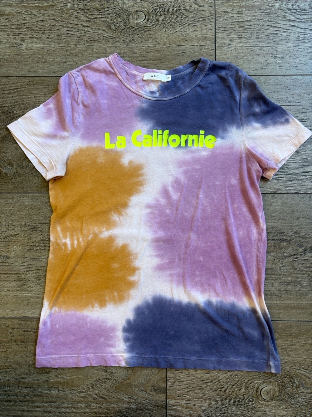 A.L.C. "La Californie" Tie-Dye Short Sleeve Graphic Tee Yellow, Purple, Navy